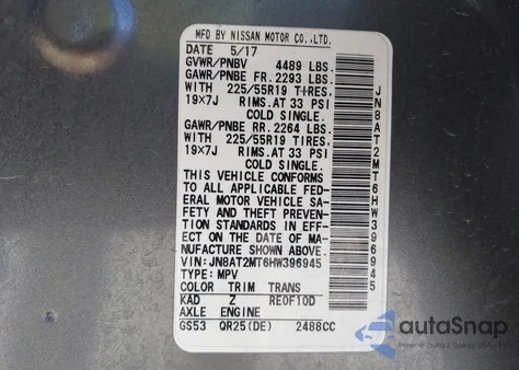 2017 Nissan Rogue Sl z USA, uszkodzony, nr VIN JN8AT2MT6HW396945